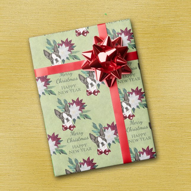 Boston Terrier Poinsettia Christmas New Year Wrapping Paper (Creator Uploaded)