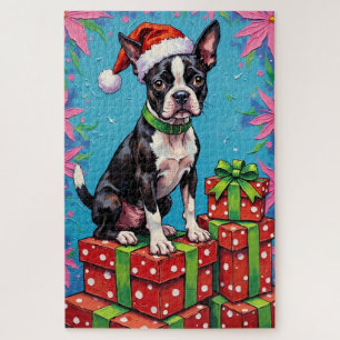 Boston Terrier Pop Art Christmas Packages Hat Jigsaw Puzzle