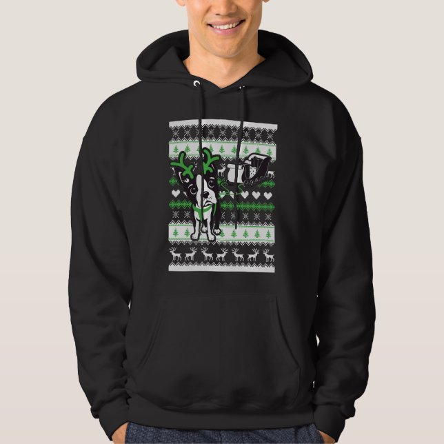 Boston Terrier Pulling Santa Claus Sleigh Ugly Hoodie (Front)