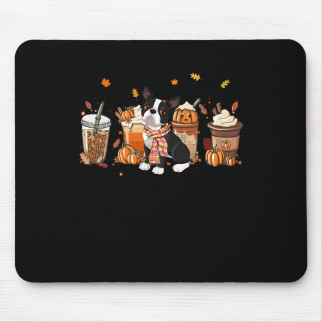 Boston Terrier Pumpkin Spice Latte Iced Autumn Dog Mouse Pad (Front)
