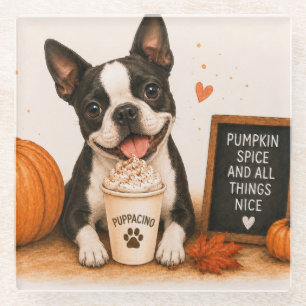 Boston Terrier Pumpkin Spice Puppaccino Glass Coaster