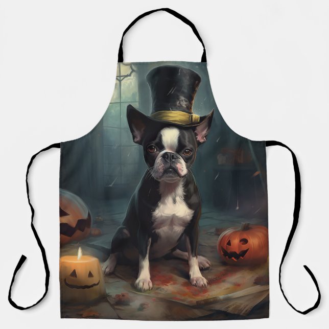 Boston Terrier Pumpkins Halloween Scary Apron (Front)