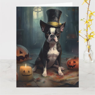 Boston Terrier Pumpkins Halloween Scary Card