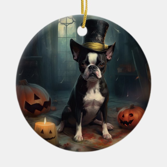 Boston Terrier Pumpkins Halloween Scary Ceramic Tree Decoration (Front)