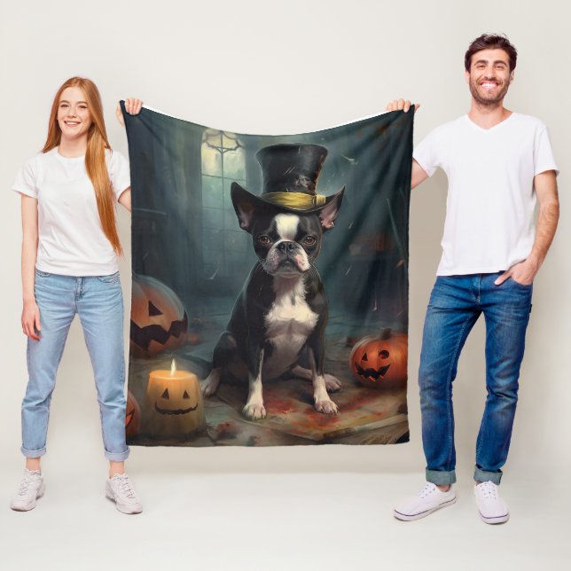 Boston Terrier Pumpkins Halloween Scary Fleece Blanket (In Situ)