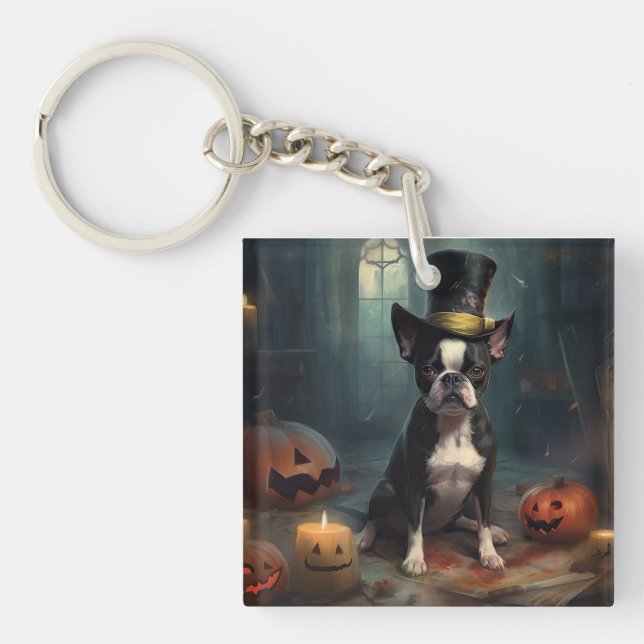 Boston Terrier Pumpkins Halloween Scary Key Ring (Front)