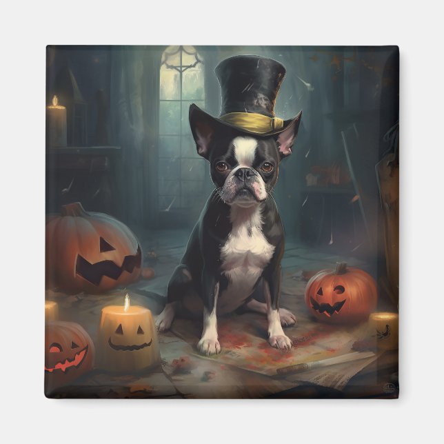 Boston Terrier Pumpkins Halloween Scary Magnet (Front)