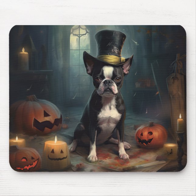 Boston Terrier Pumpkins Halloween Scary Mouse Pad (Front)