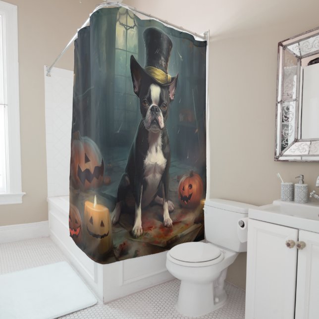 Boston Terrier Pumpkins Halloween Scary Shower Curtain (In Situ)