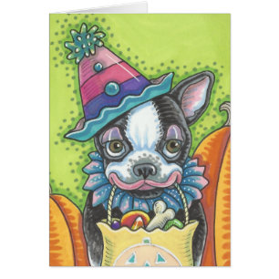 BOSTON TERRIER PUP, HALLOWEEN CLOWN DOG CARD Blank