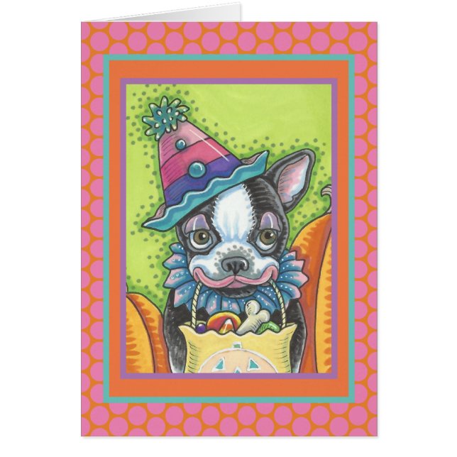 BOSTON TERRIER PUP, HALLOWEEN CLOWN DOG CARD Verse (Front)