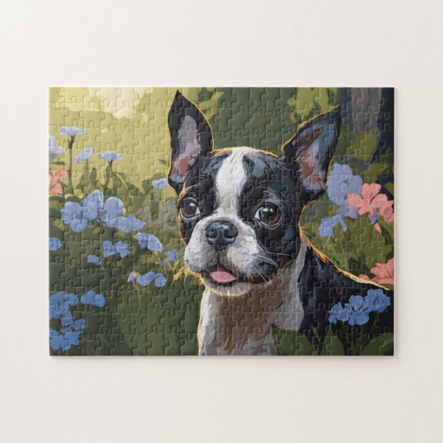 Boston Terrier Pup in Flower Field Jigsaw Puzzle (Horizontal)