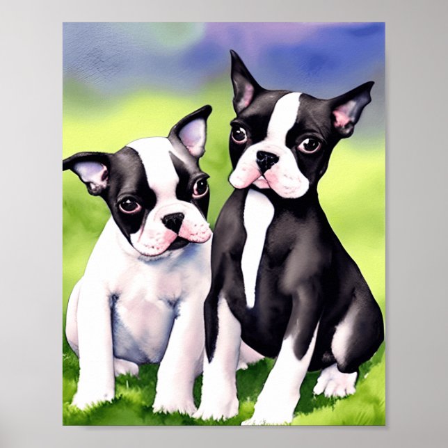 Boston Terrier Puppies Watercolor Art Print (Front)