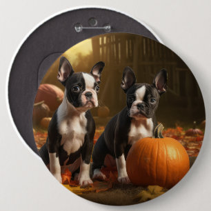 Boston Terrier Puppy Autumn Delight Pumpkin 6 Cm Round Badge