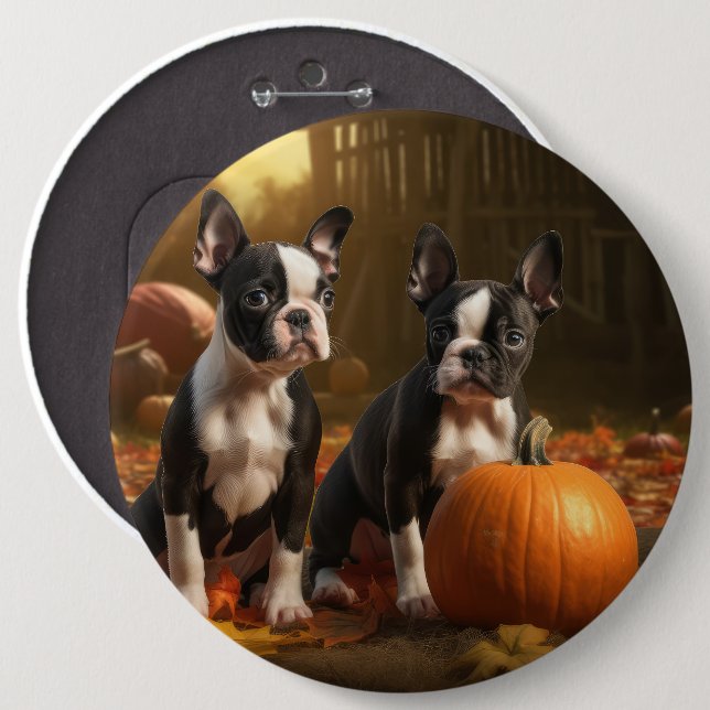 Boston Terrier Puppy Autumn Delight Pumpkin 6 Cm Round Badge (Front & Back)