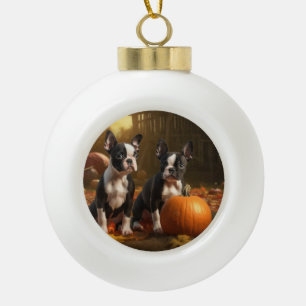 Boston Terrier Puppy Autumn Delight Pumpkin Ceramic Ball Christmas Ornament