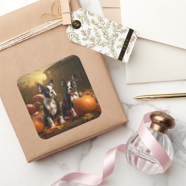 Boston Terrier Puppy Autumn Delight Pumpkin Square Sticker (Gifting)