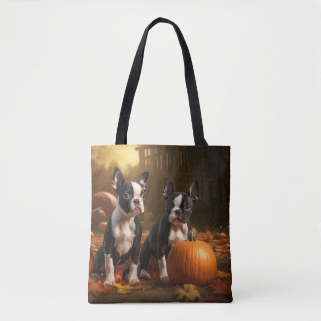 Boston Terrier Puppy Autumn Delight Pumpkin Tote Bag (Front)