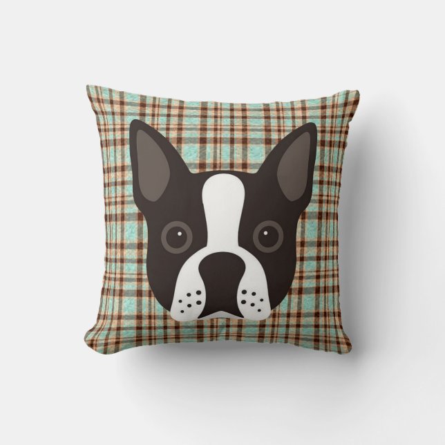 Boston Terrier Puppy Dog Tartan Plaid Cushion (Front)