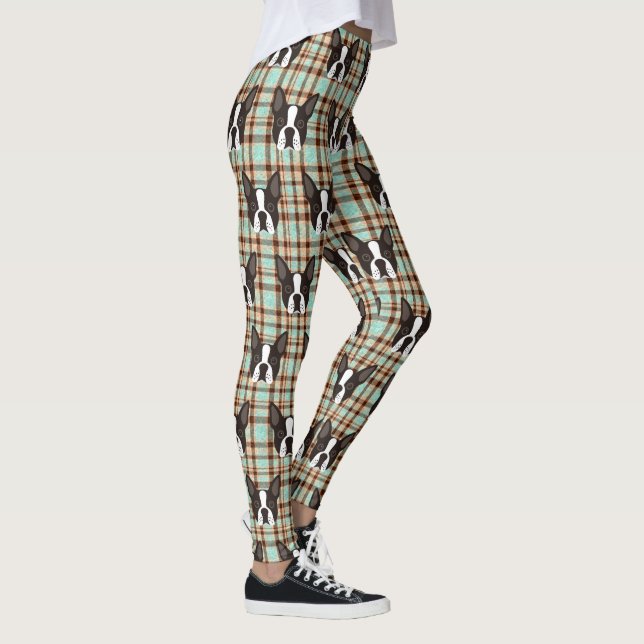 Boston Terrier Puppy Dog Tartan Plaid Leggings (Right)