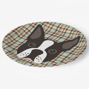 Boston Terrier Puppy Dog Tartan Plaid Paper Plate