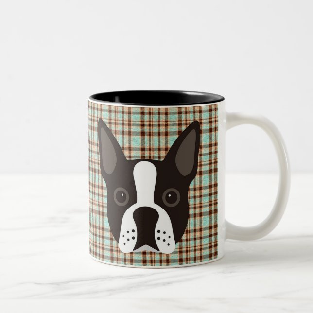 Boston Terrier Puppy Dog Tartan Plaid Two-Tone Coffee Mug (Right)