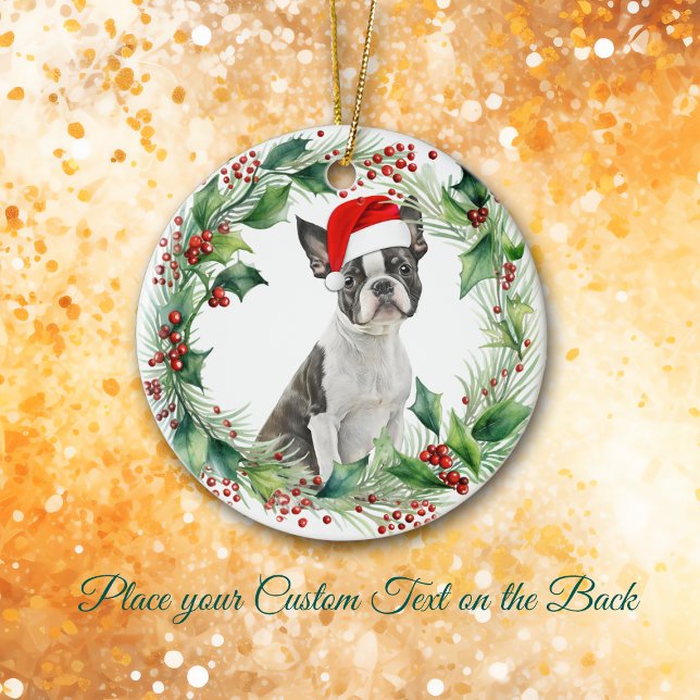 Boston Terrier Puppy Holly Wreath Christmas Ceramic Tree Decoration (Creator Uploaded)