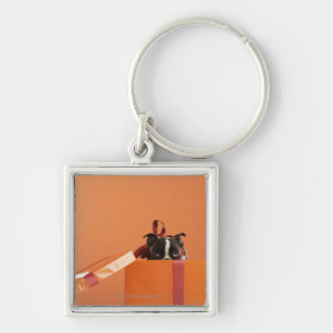 Boston terrier puppy in gift box key ring