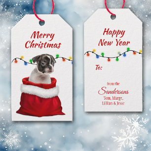 Boston Terrier Puppy in Santa Bag Gift Tags