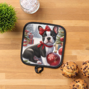 Boston Terrier Puppy with Christmas Ornaments  Pot Holder
