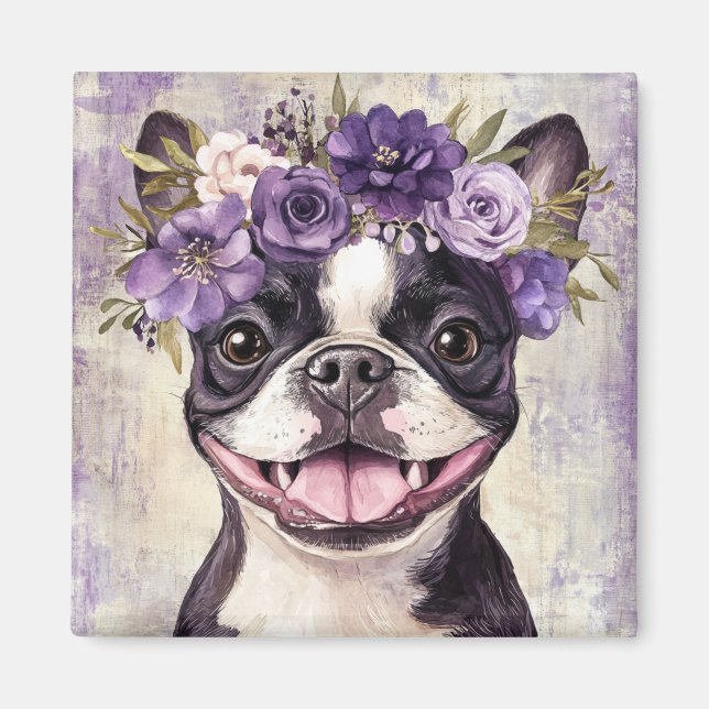 Boston Terrier Purple Floral Kitchen Magnet (Front)