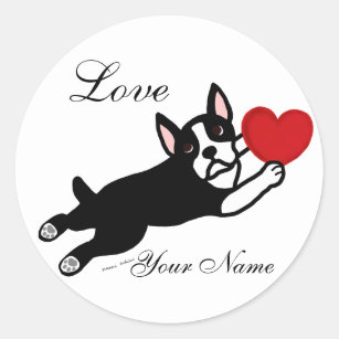 Boston Terrier & Red Heart Cartoon Classic Round Sticker