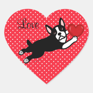 Boston Terrier & Red Heart Cartoon Love Sticker