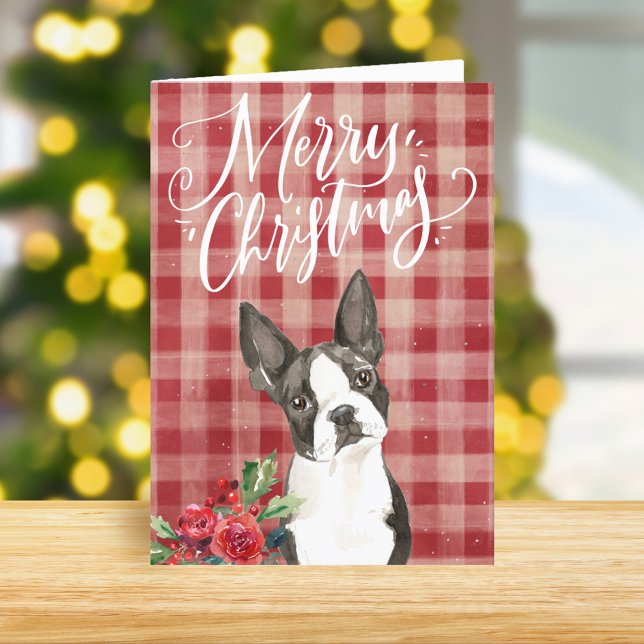 Boston Terrier Red Plaid Christmas Holiday Card (Creator Uploaded)