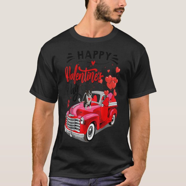 Boston Terrier Red Truck Valentines Day Funny Dog T-Shirt (Front)