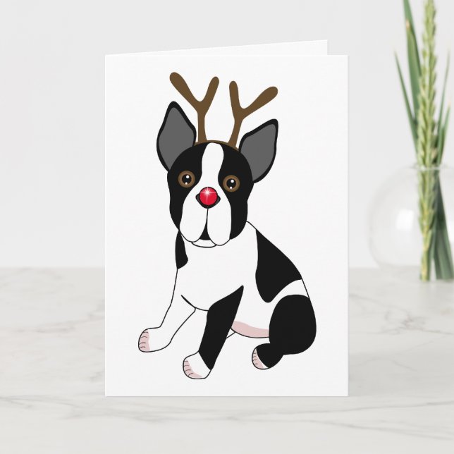 Boston Terrier Reindeer Holiday Card (Front)