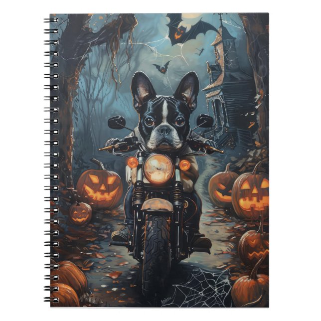 Boston Terrier Riding Motorcycle Halloween Scary Notebook (Front)