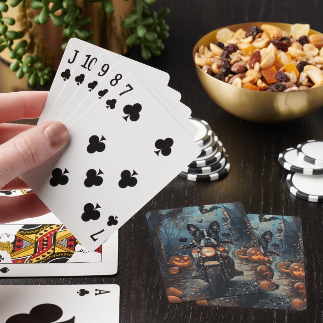 Boston Terrier Riding Motorcycle Halloween Scary Playing Cards (In Situ)