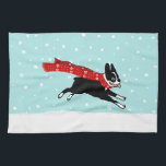 Boston Terrier Running in the Snow - Holiday Dog Tea Towel<br><div class="desc">Boston Terrier running through the winter snow. This cute dog hand towel makes a great gift! Visit Jenn's Doodle World for more holiday decor featuring this happy dog.</div>