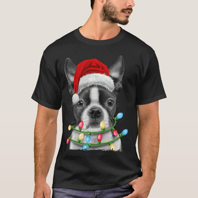 Boston Terrier Santa Christmas Tree Lights Xmas  B T-Shirt (Front)