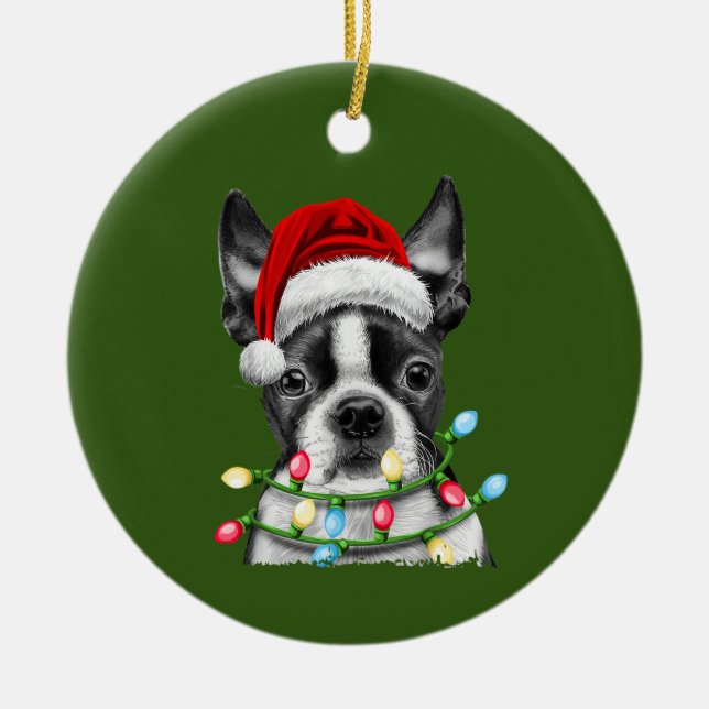 Boston Terrier Santa Christmas Tree Lights Xmas Ceramic Tree Decoration (Front)