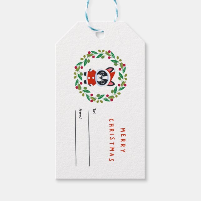 Boston Terrier Santa in a Wreath Gift Tag (Front)