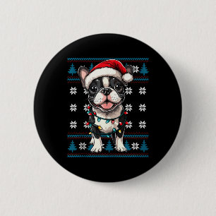 Boston Terrier Santa Xmas Tree Lights Bostie Ugly 6 Cm Round Badge