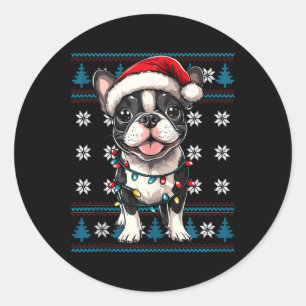 Boston Terrier Santa Xmas Tree Lights Bostie Ugly Classic Round Sticker