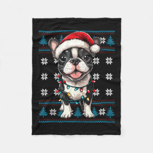 Boston Terrier Santa Xmas Tree Lights Bostie Ugly Fleece Blanket