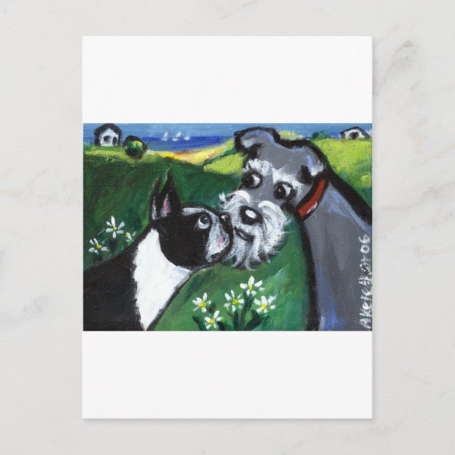 Boston Terrier & Schnauzer sniff Postcard (Front)