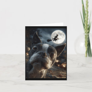 Boston Terrier Selfie Full Moon Flying Witch Card