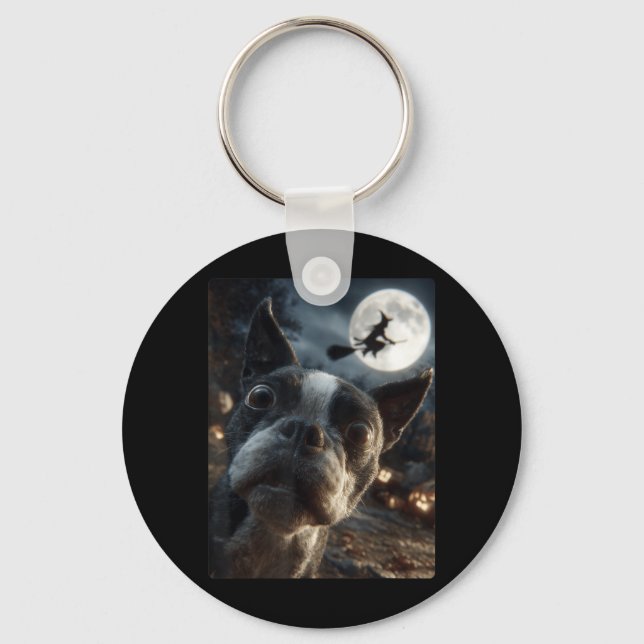 Boston Terrier Selfie Full Moon Flying Witch Key Ring (Front)