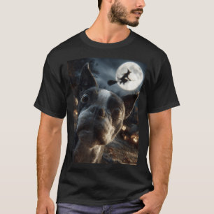 Boston Terrier Selfie Full Moon Flying Witch T-Shirt
