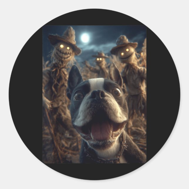 Boston Terrier Selfie With Scarecrows Spooky Classic Round Sticker (Front)